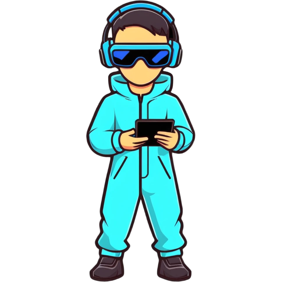 Futuristic human wearing sleek jumpsuit with tech gadgets, augmented reality glasses, and glowing accents emoji