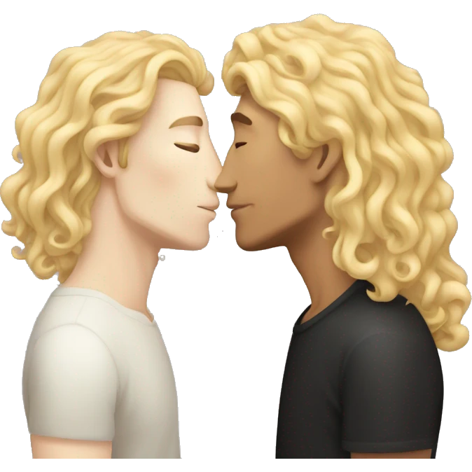 pale man with long blonde hair kissing a tan man with curly black hair emoji