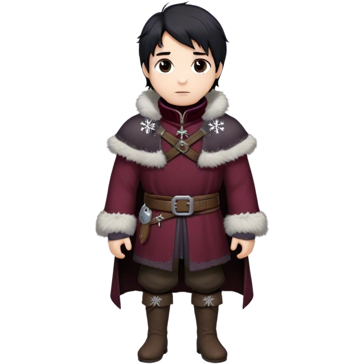 Medieval winter outfit worn by a DnD themed fantasy male character. Heavy maroon wool tunic with rabbit fur trim, featuring a high collar with silver clasps, belted with a sturdy leather strap. Clothes only above the waist, full waist coverage. The character has no arms. Character is white-skinned with raven black hair, deep brown eyes, and short messy hair dusted with snowflakes. emoji
