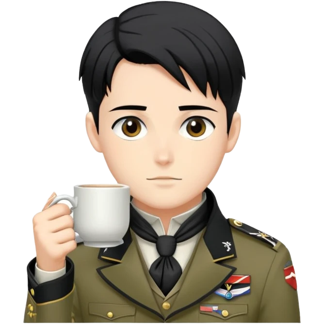 Levi Ackerman drinking tea, with black undercut hair, Scout Regiment uniform and cravat emoji