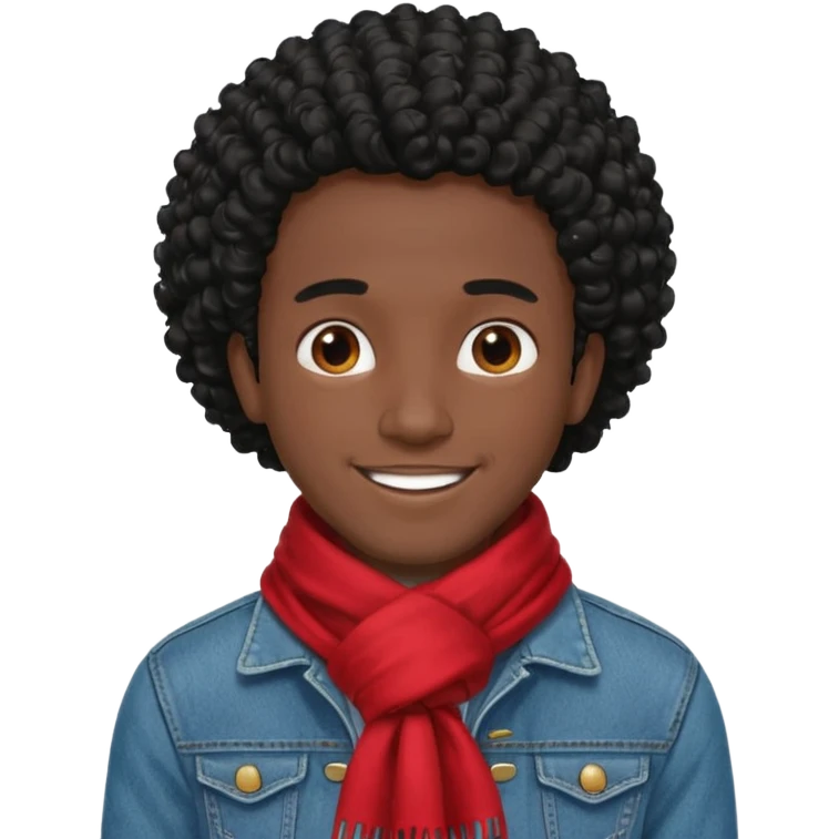 black skin man, curly black hair wear red scraft, jean jacket emoji
