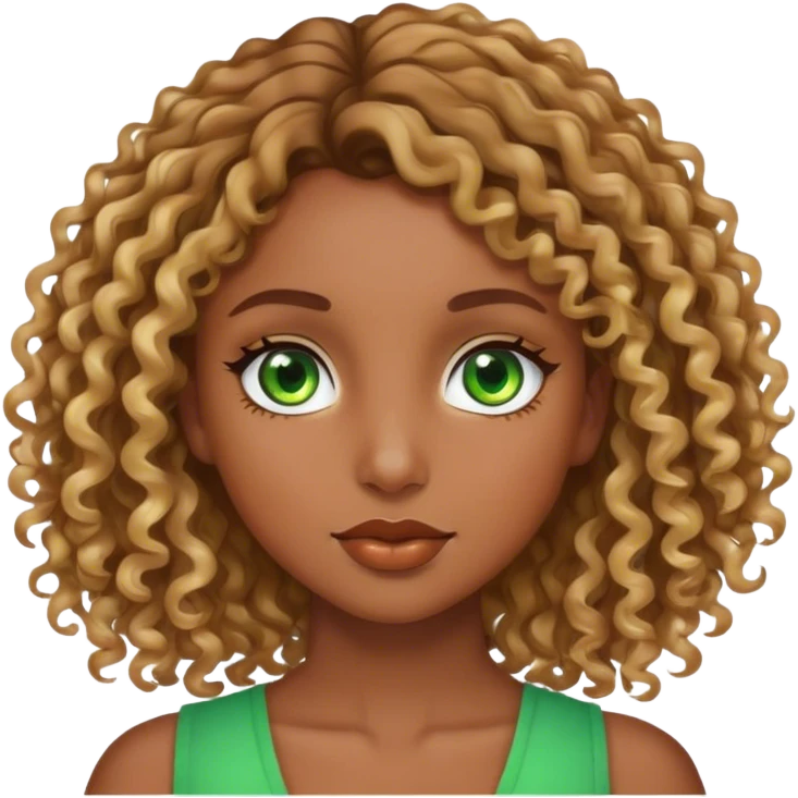 a brown girl with brown curly hair and blonde highlights with green eyes  emoji