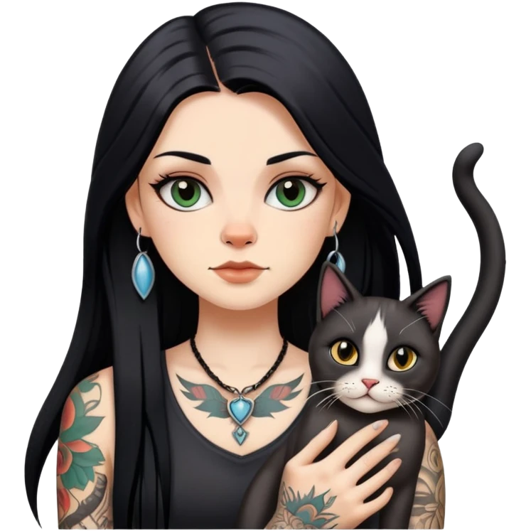 white girl with long black  straight hair and tattoos and  a German Cat emoji