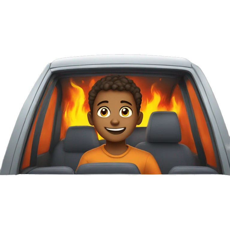 smiling boy in car interior in a fiery box emoji
