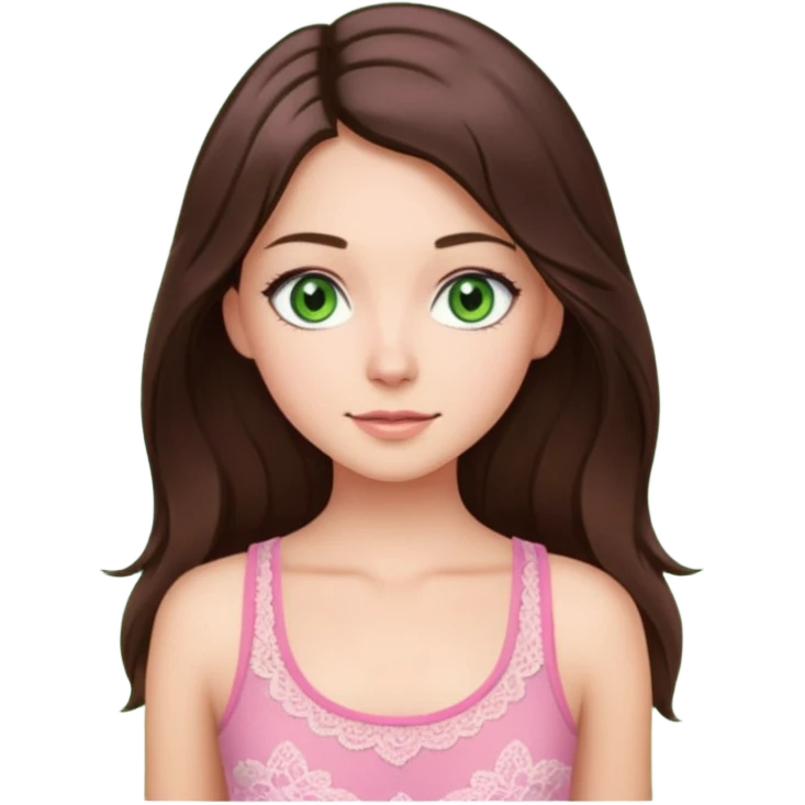 super long haired brunette with middle part cute pink lacy tank white but tan green eyes hairflip emoji