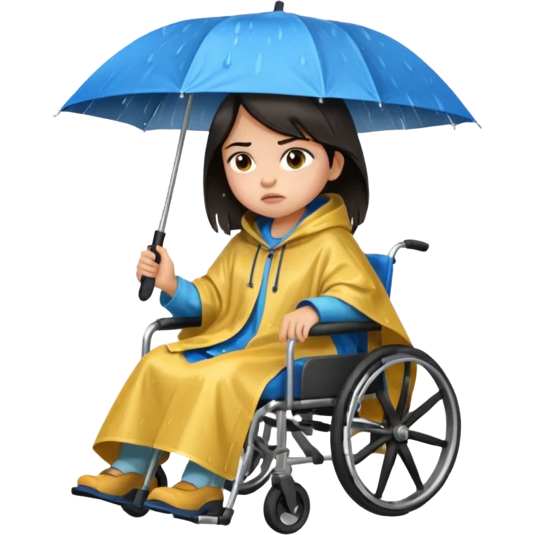 Girl with dark hair  in a wheelchair with rain poncho mad with raining  emoji