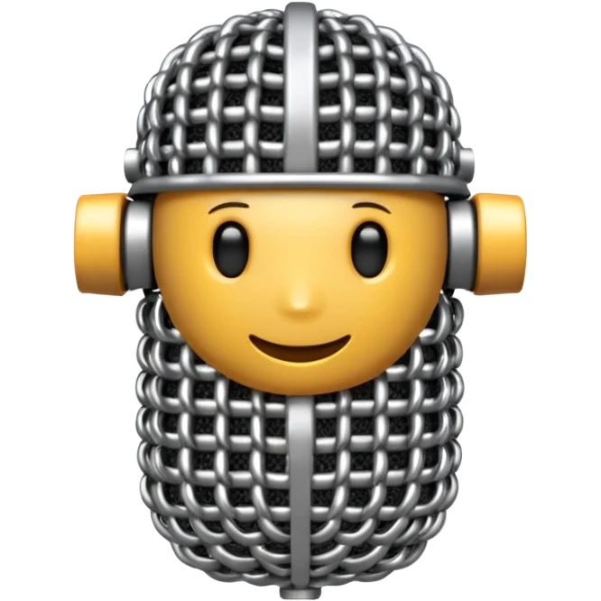 3D render of Microphone Head, made of interlocking chainmail metal rings, wire mesh texture, visible holes and negative space, metallic silver and grey, high contrast shadows, Apple emoji style, isolated on white background --v 6.0. emoji