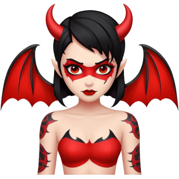 Demon girl: red skin, black hair, small horns, bat wing; tattoo-flash comic style; red/black palette; bold outlines; dark background; no text. emoji