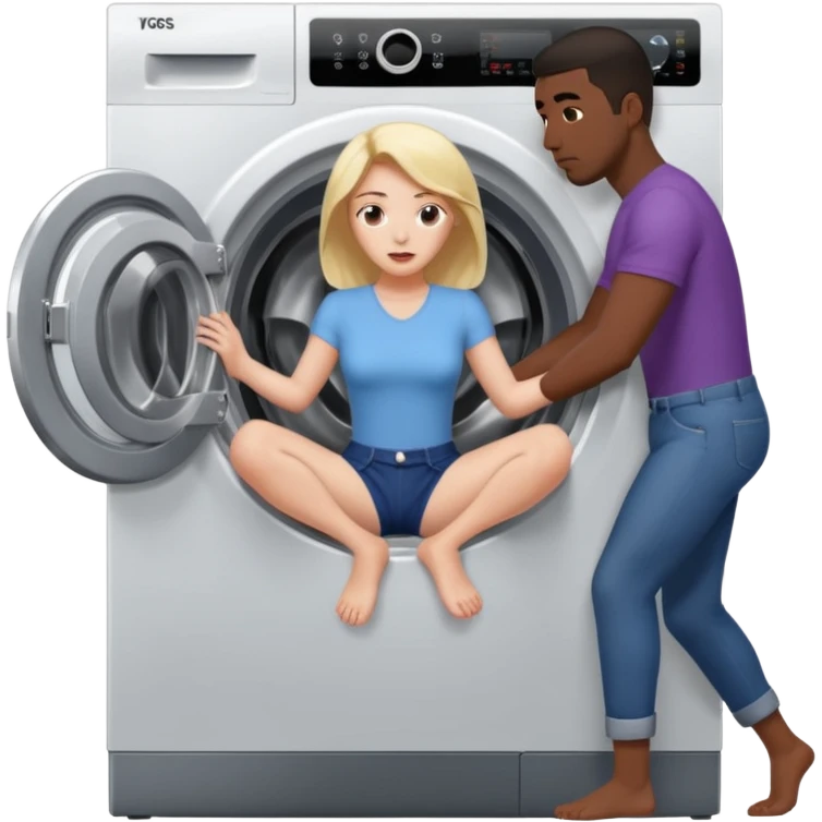Eine Frau steckt bis zum Bauch in einer Waschmaschine fest und nur die Beine gucken raus und zwei schwarze männer ziehen an ihren Beinen um sie raus zu holen  emoji