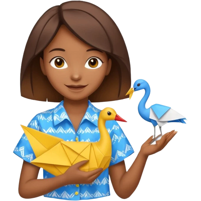 happy-african-young-girl-with-brown-african-hair-in-a-white-colorful-vintage-kanga-shirt-holds-an-origami-yellow-and-blue-crane emoji