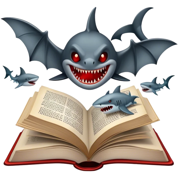 Icon for Horror & Mystery Reading: an open book with eerie glowing symbols, from which rise vampire Dracula with fangs, flying bats, a zombie hand, and a lurking shark with sharp teeth. Surrounding elements. Transparent background. emoji