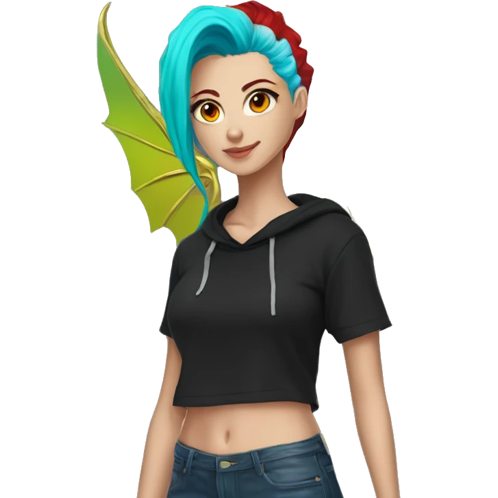 Lady with brunette and iridescent blue hair, gold, lime green dragon wings, black hoodie, bleach dyed, black and gold Nike t shirt, and bright red eyes emoji