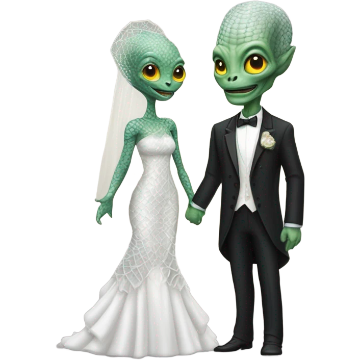 Alien reprilian woman in wedding dress, and one humman man in a tuxedo holding hands getting married emoji