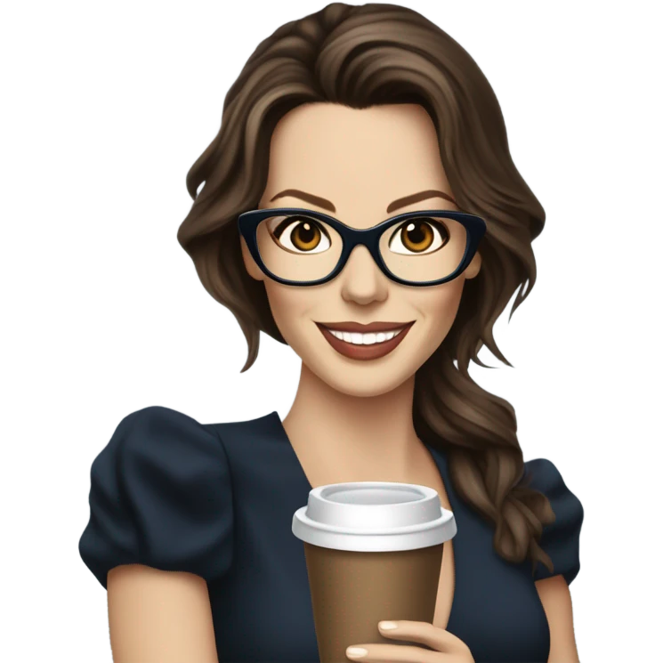 Hyper Realistic Kate Beckinsale dark blue eyes wearing glasses in a business dress drinking coffee happy  emoji