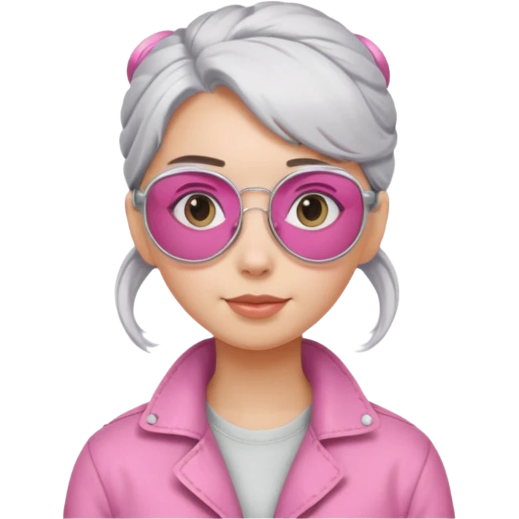 Girl with silver hair bun with pink aviator glasses emoji