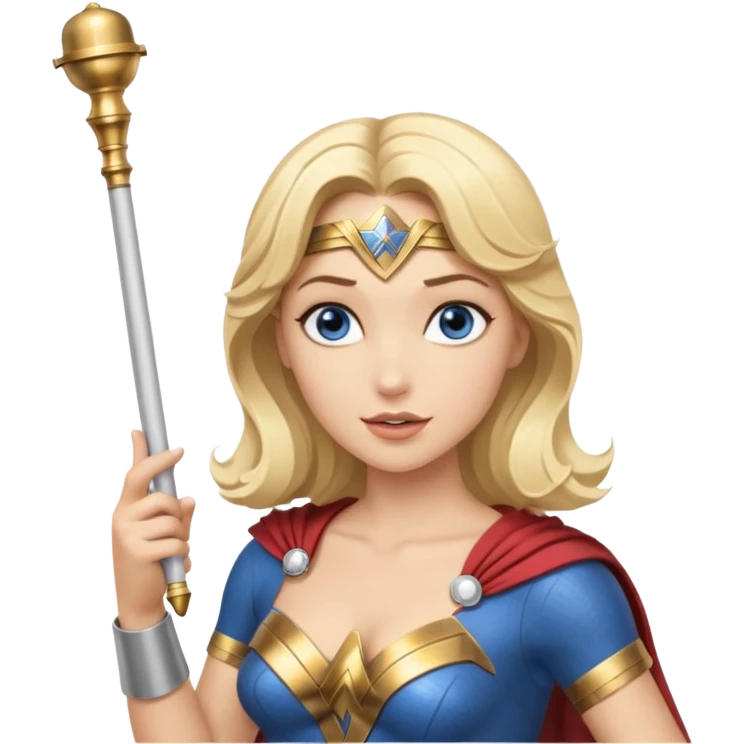 Blonde blue eyed Wonder Woman holding white orchestra conductor’s baton and bell  emoji