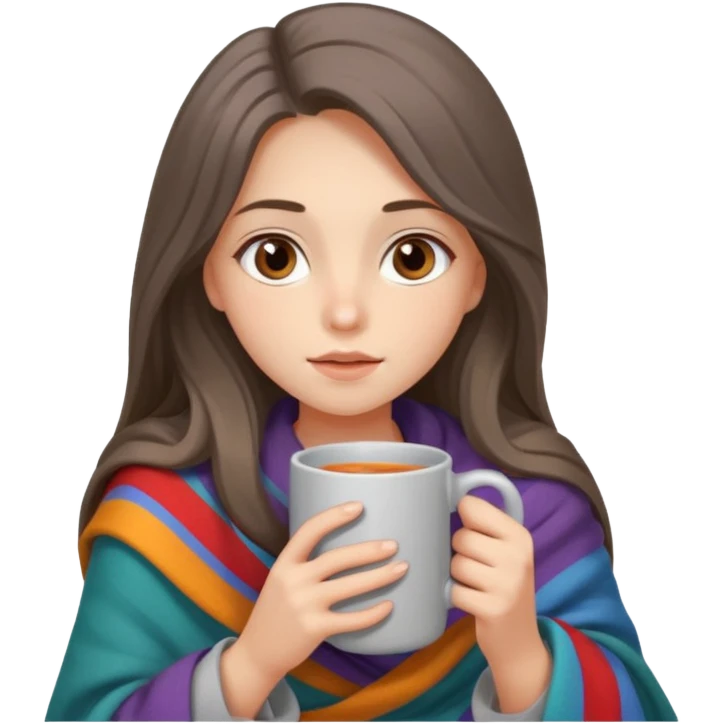 Brown-eyed, fair-skinned girl with long hair down to her shoulders, wrapped in a gray blanket, drinking from a New Year's mug emoji