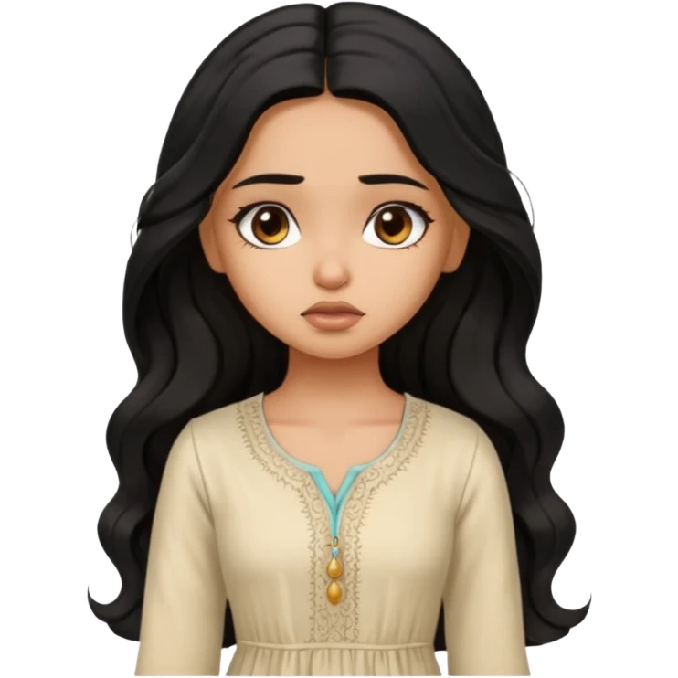 a pretty tan bratz girl with long wavy black hair, wearing a light kurti. looking sad emoji