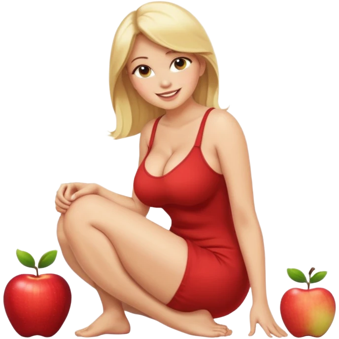 fullbody busty blonde woman, front view, bending over, sitting on her soles, cheerful expression, SFW, no nudity, apple emoji style emoji