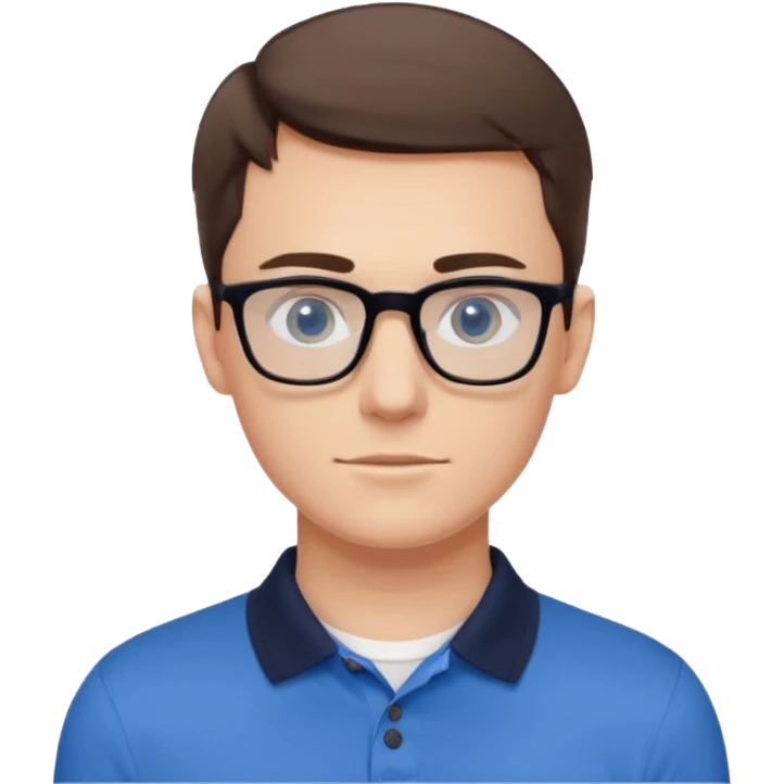 Young white man, late 20s, short brown hair, blue eyes, clean-shaven, thin black rectangular glasses, slim build, wearing a blue polo shirt, friendly and energetic look. emoji