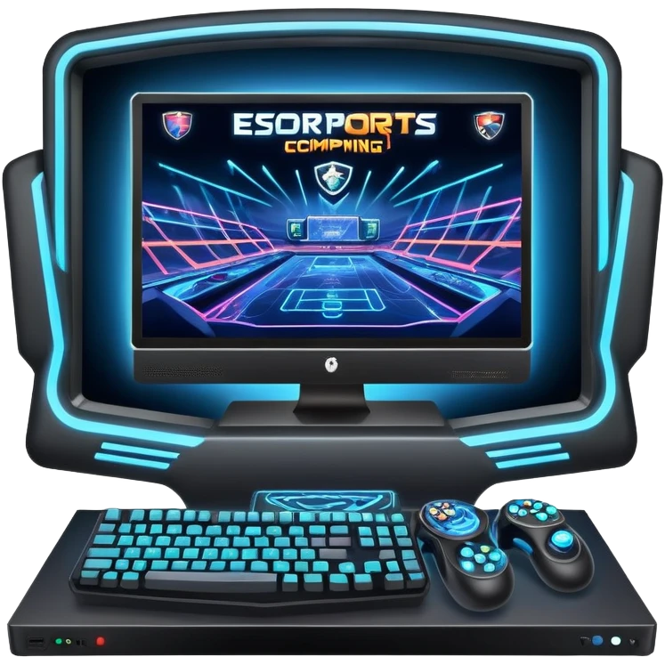 An icon featuring a gaming monitor displaying an intense esports competition, with players' hands on controllers and keyboards. A digital scoreboard and glowing energy lines surround the scene, symbolizing the excitement of competitive gaming. Transparent background highlights the world of esports. emoji