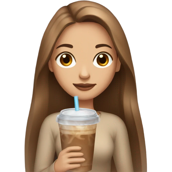 Beautiful woman, straight long light brown hair, brown eyes, cozy holding an iced coffee emoji