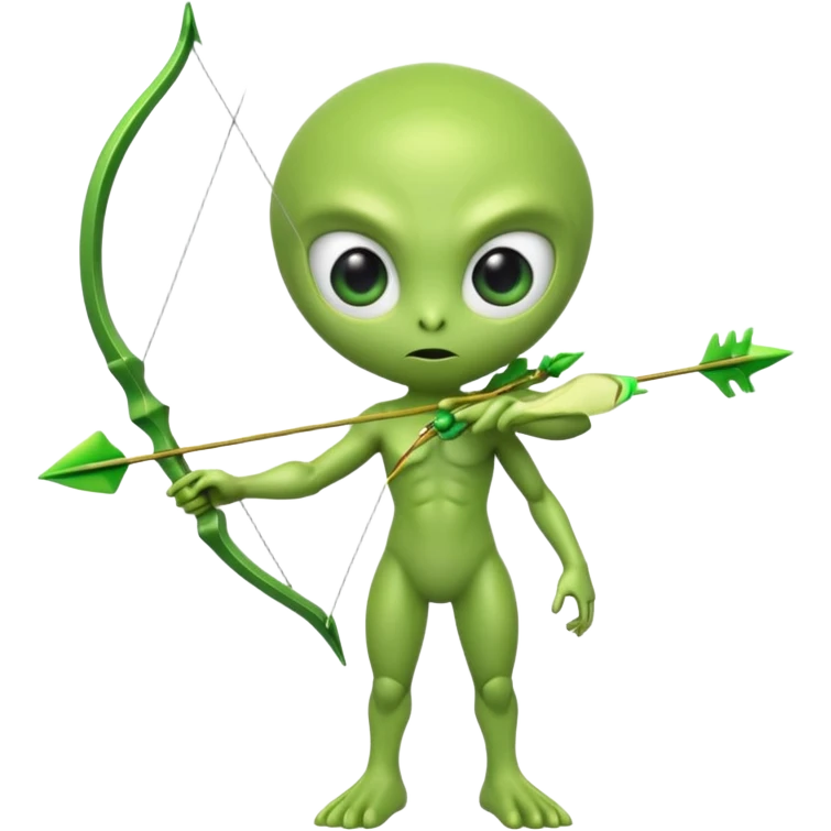 3D emoji-style green alien holding a bow and arrow, glossy texture, smooth skin, large expressive eyes, small humanoid body, minimalist background, soft lighting, Pixar-style rendering, high detail, cute but slightly serious expression, clean centered composition. emoji