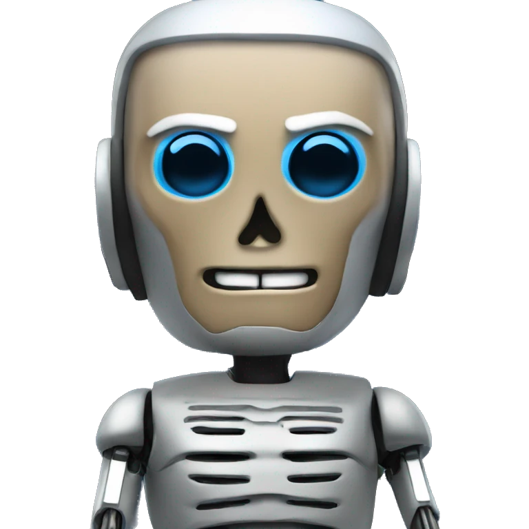 android from movie "terminator" writing code on a blue computer emoji