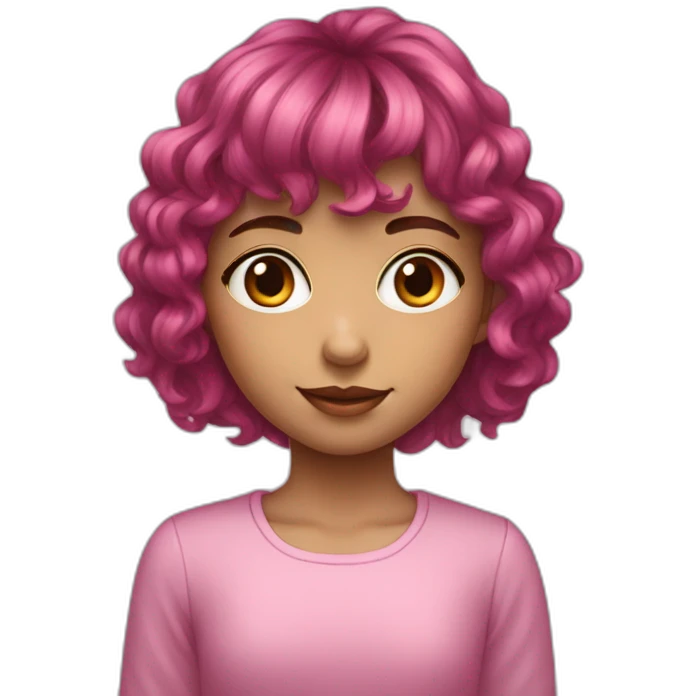 A young girl with dark pink medium length wavy hair and a fringe emoji
