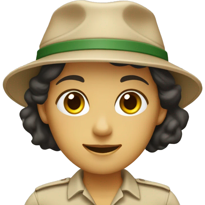 female zookeeper, wearing a plain beige shirt and a plain dark cap. on the beige shirt, there is a small logo, that looks like a yellow square with a dark green border with a happy face emoji