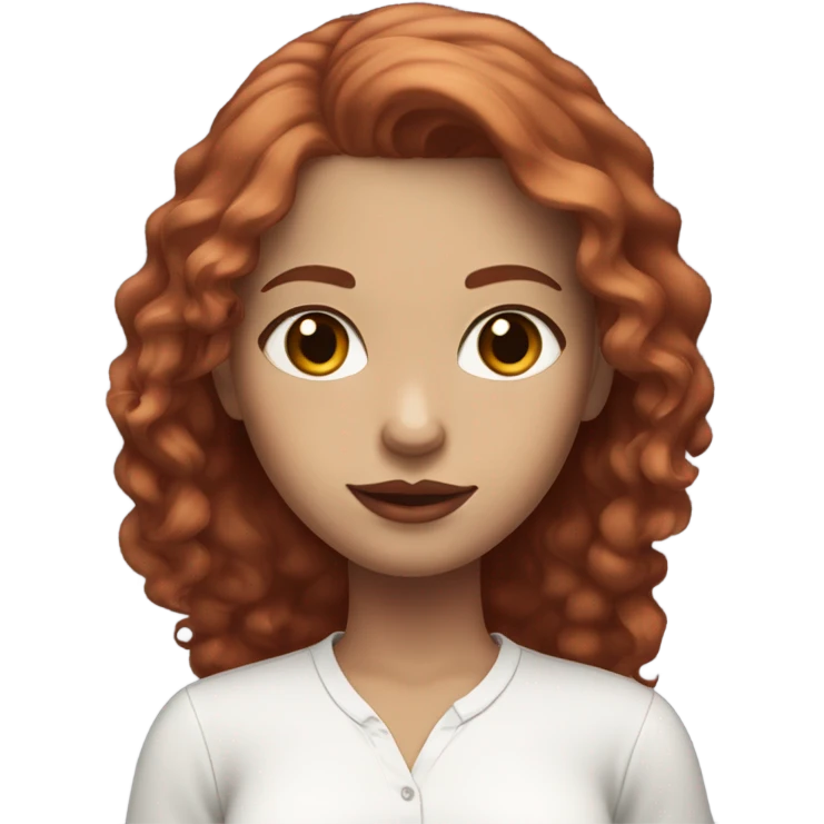 long red wine haired girl with white light skin, brown eyes and pink lips wearing a white shirt emoji