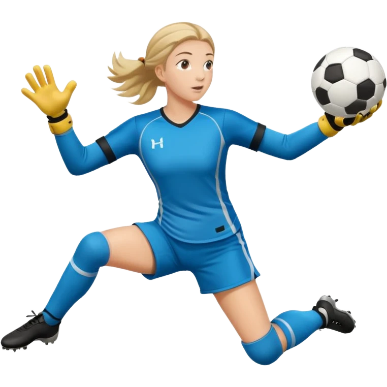 make a girl goalie diving through the air sideways with one soccer ball in her hands  emoji