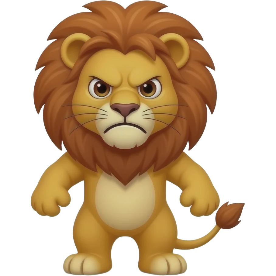 A little red lion standing up with legs and arms, looking at us with a very frustrated expression emoji