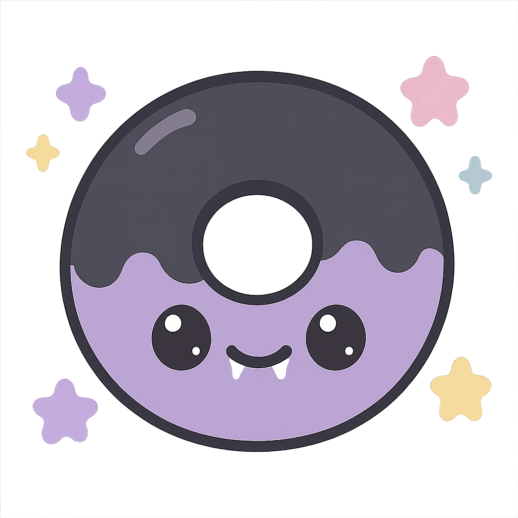 kawaii style gothic donut, adorable expression, black and purple glaze, small fangs, pastel stars, fun and gothic emoji