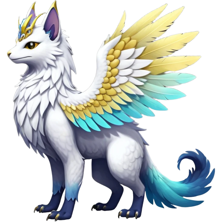 White Iridescent Colorful Exotic White, Gold, Yellow, Silver, Beaked Feathery Nocturnal Neon-glowing Abyssal Lightly Heaven-Cat-Gryphon-Suicune-Nargacuga-Silvally-Vernid-Sergal-Fakémon-Hybrid-Creature with tufted tail (full body) emoji