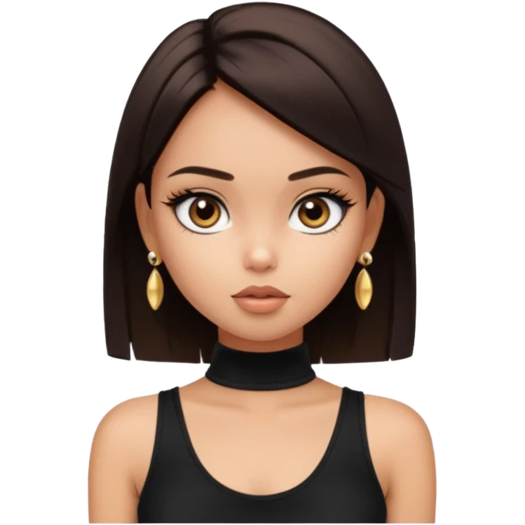 generate a pretty bratz girl in black cami top, dark brown straight short hair, eyeliner on. dark brown eyes. Wearing a white sleeveless turtleneck, gold stud earrings emoji