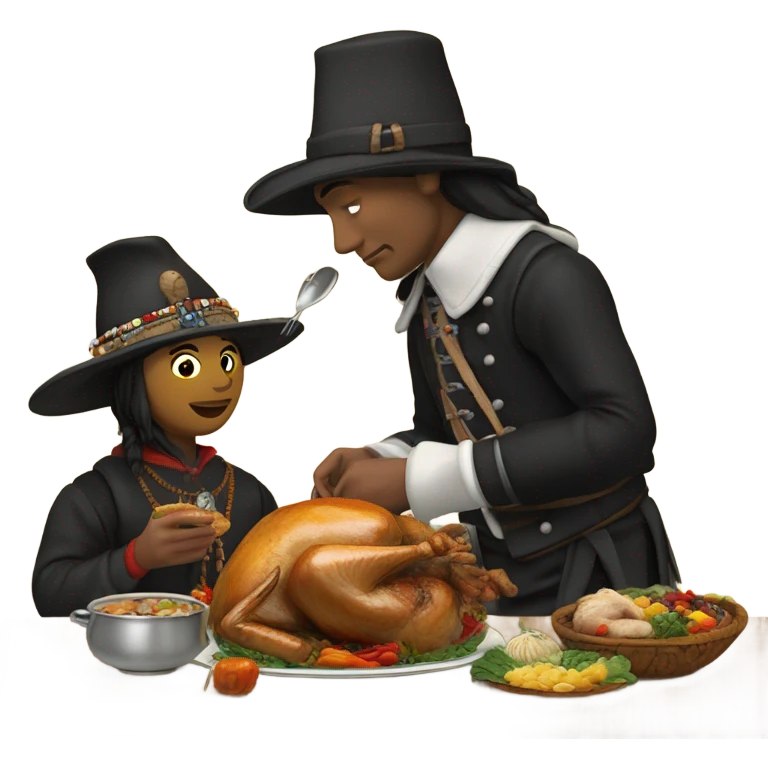 Pilgrim and Native American eating turkey emoji