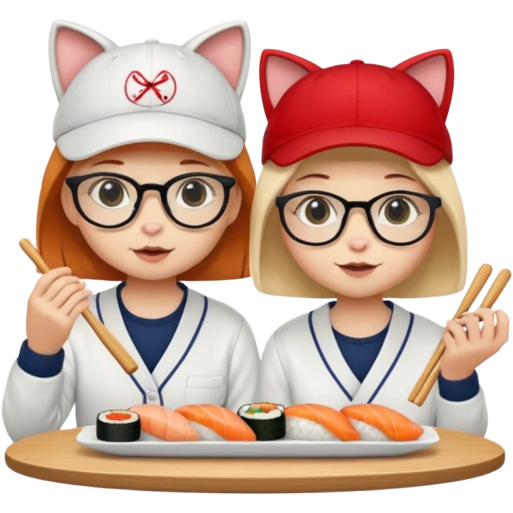 cute girl cat wearing glasses and a cute boy cat wearing a baseball cap eating sushi together emoji