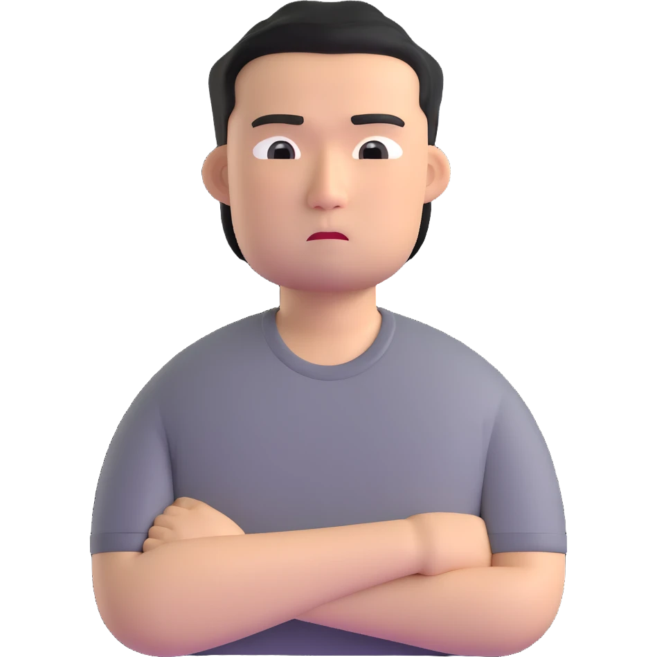 Asian man in a gray shirt with a frown emoji