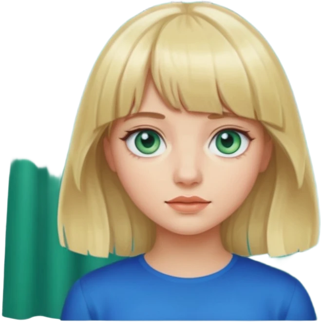 Girl with blond hair with curtain bangs blue green eyes  emoji