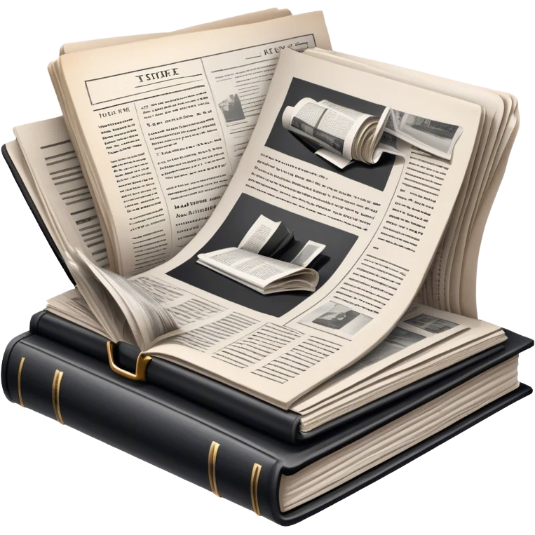 Icon for Non-Fiction & Narrative Reading: an open book with black-and-white photos on the pages, surrounded by a pile of newspaper clippings, and an open folder with top-secret documents. The icon should reflect the blend of real stories and facts in non-fiction literature. Transparent background. emoji