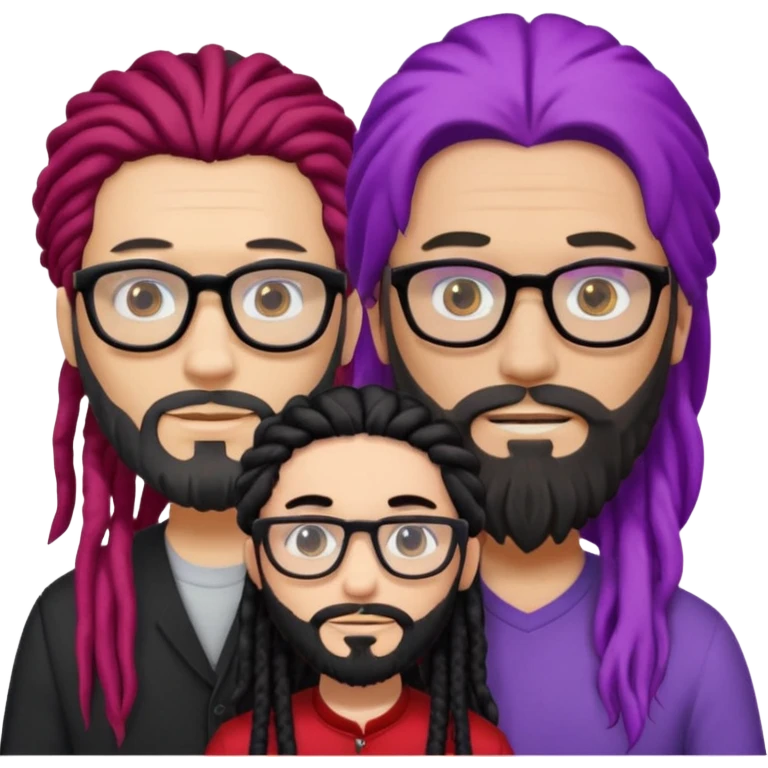 Man with long hair, glasses and Beard, next to man in black dreadlocks with red accent, woman in glasses with violet and black hair in the middle emoji