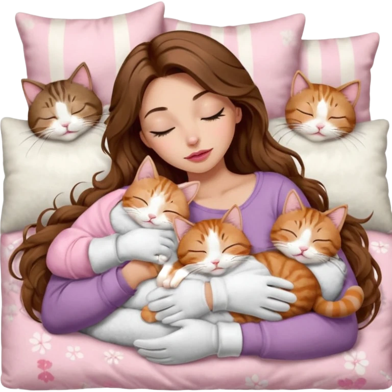 girl with long wavy brown hair, brown eyes, long lashes makeup, sexy pink lips, light to medium complexion,  sleeping on a cozy pillow, with 6 cats: 1 brown and white tabby cat, 1 ginger and white, 2 grey and white, 1 grey with white mittens and small white patch on chest and 1 calico, sleeping emoji