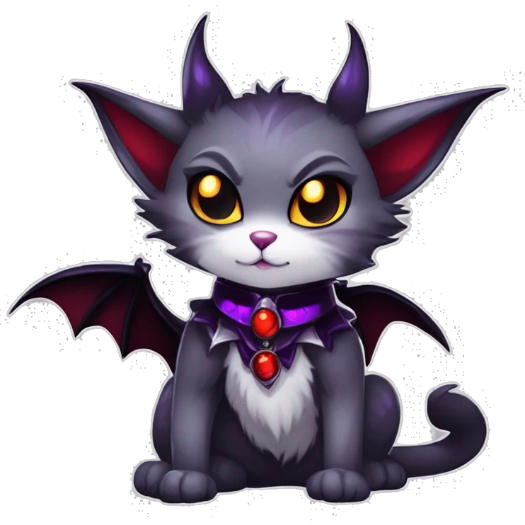 Anthro-Cute-Edgy-Cool-Vampiric-Batty-Cat-Black-Purple-Red-Grey-White-Yellow-Contrast-Colors-Fantasy-Fur-Sona-Chibi-Shiny-Fakémon-Hybrid with horns and fangs and collar full body emoji