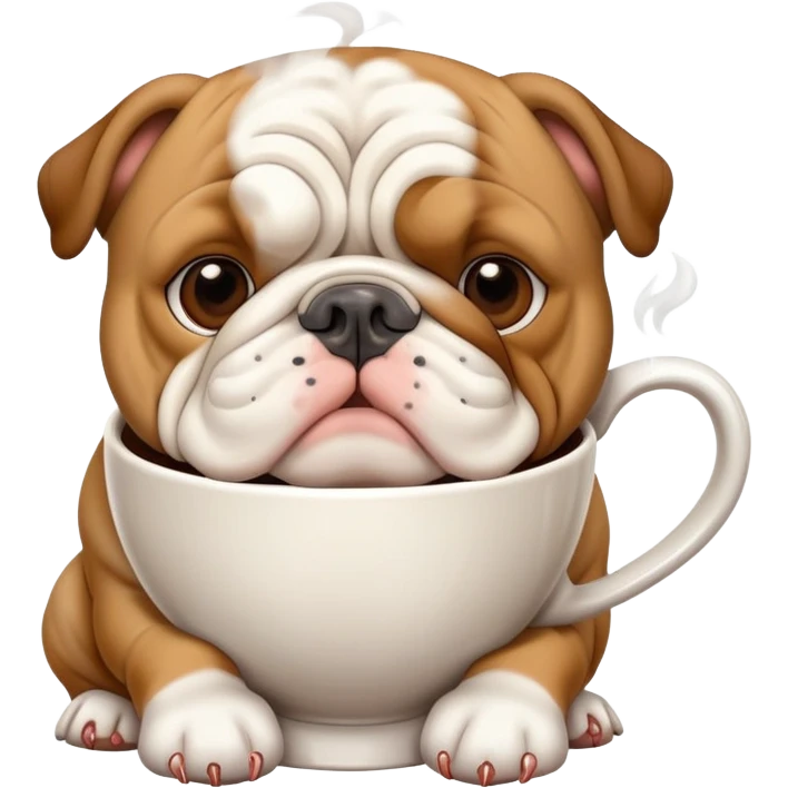 English bulldog next to a steaming coffee cup emoji