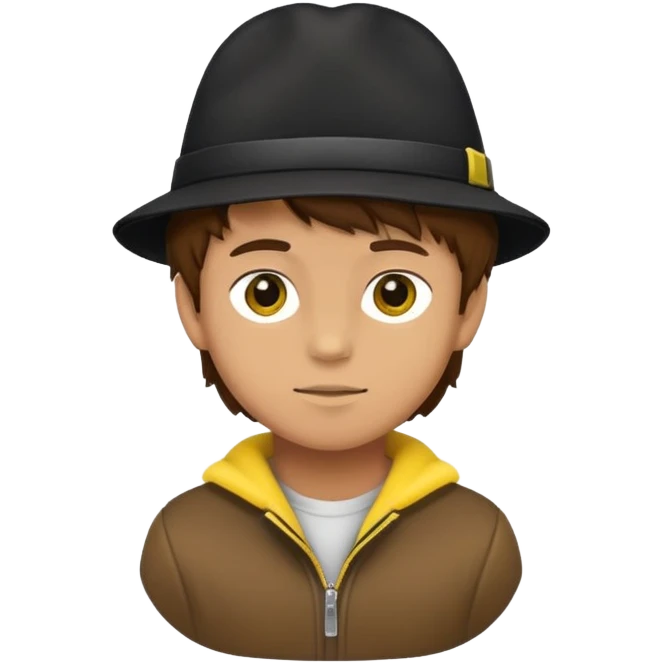 boy with fluffy brown hair wearing a black hat with yellow accents emoji