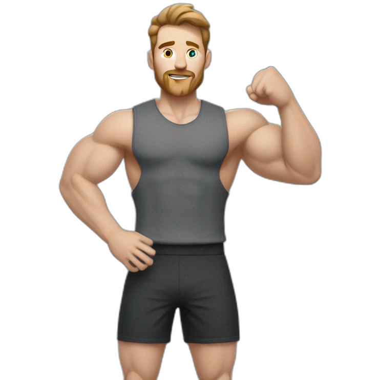 Close up Actively gesturing  with hands Pale skinned Fit Man With the biceps and brown hair in dark gray Sleeveless Mike, black oversize sports shorts, watch and white Sneakers emoji