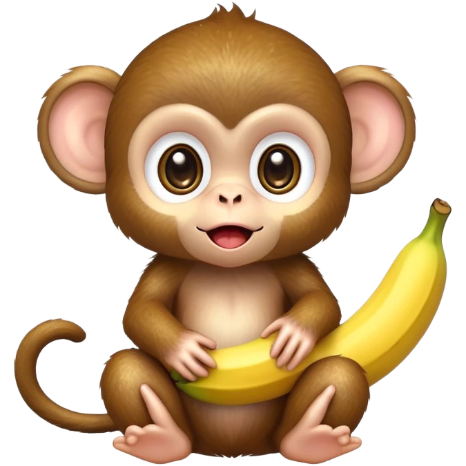 extremely adorable kawaii baby monkey with huge sparkly eyes peeling a banana emoji