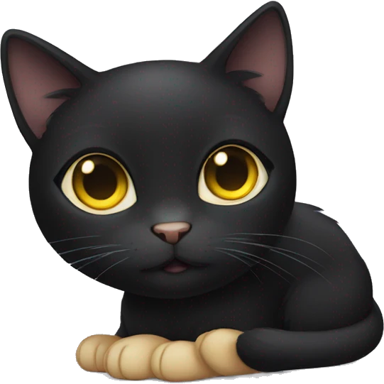 Black female cat, missing tip of left ears, yellow round eyes and cute emoji