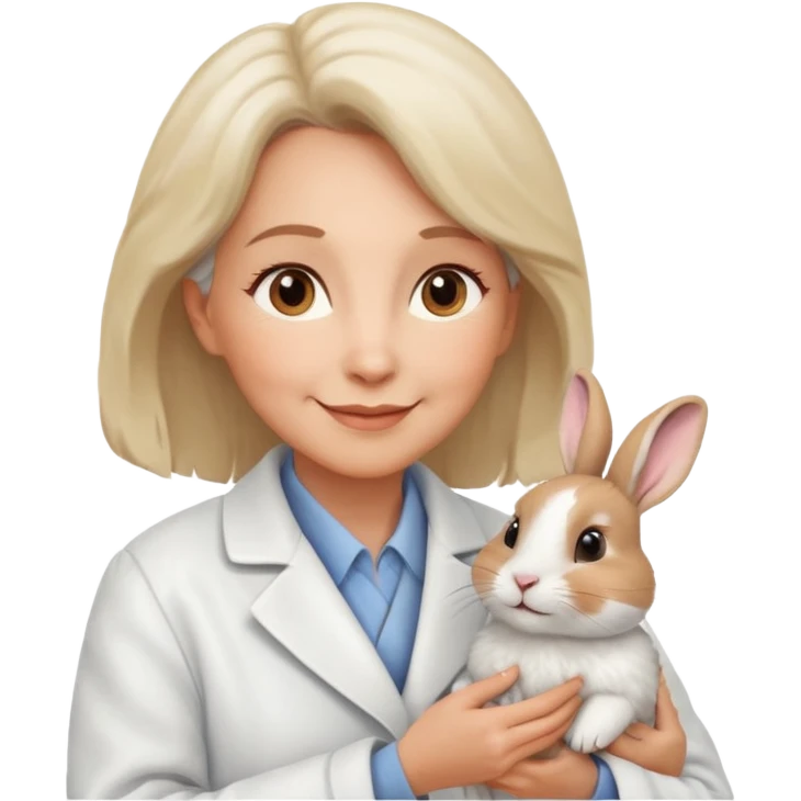 Older female vet – gentle smile, coat, checking rabbit  emoji